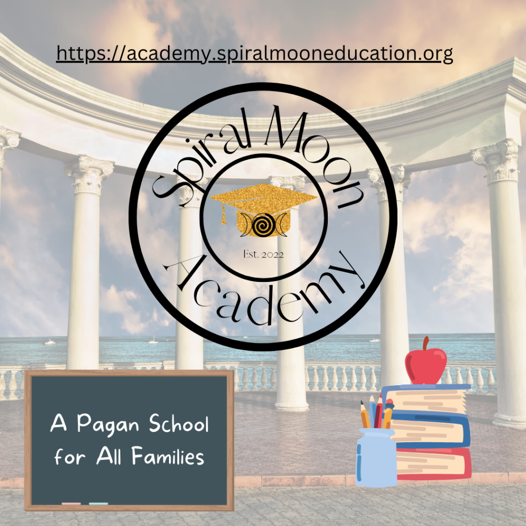Spiral Moon Academy Logo in front of a Greco-Roman collanade. There is also a stack of books with an apple, and a blackboard that has "a Pagan school for all families" written on it in chalk.