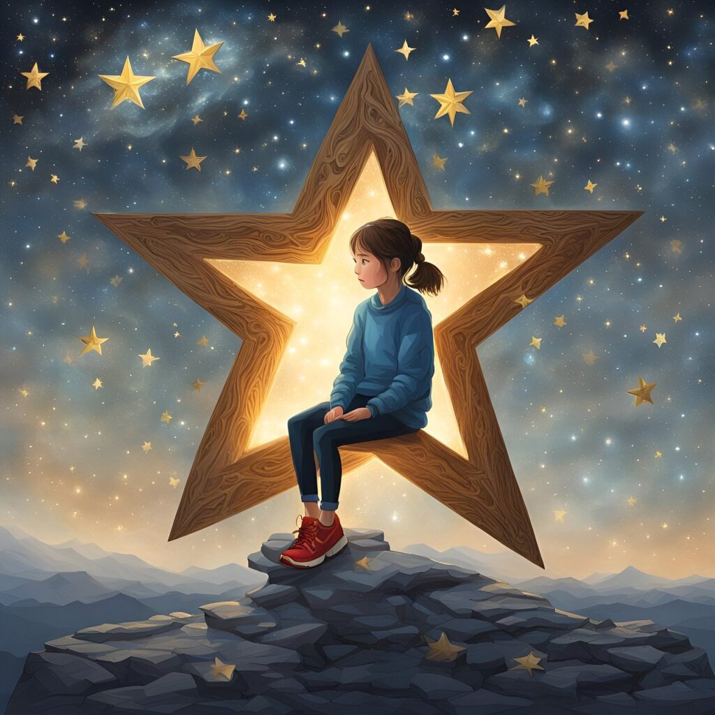 background of stars and cloudy skies. In the sky is what looks like a large wooden star shaped window with a brighter light behind it. Below the star is a rocky outcropping, and there's a yougn girl sitting on the bottom of the star shape, wearing jeans, a sweatshirt, and red gym shoes